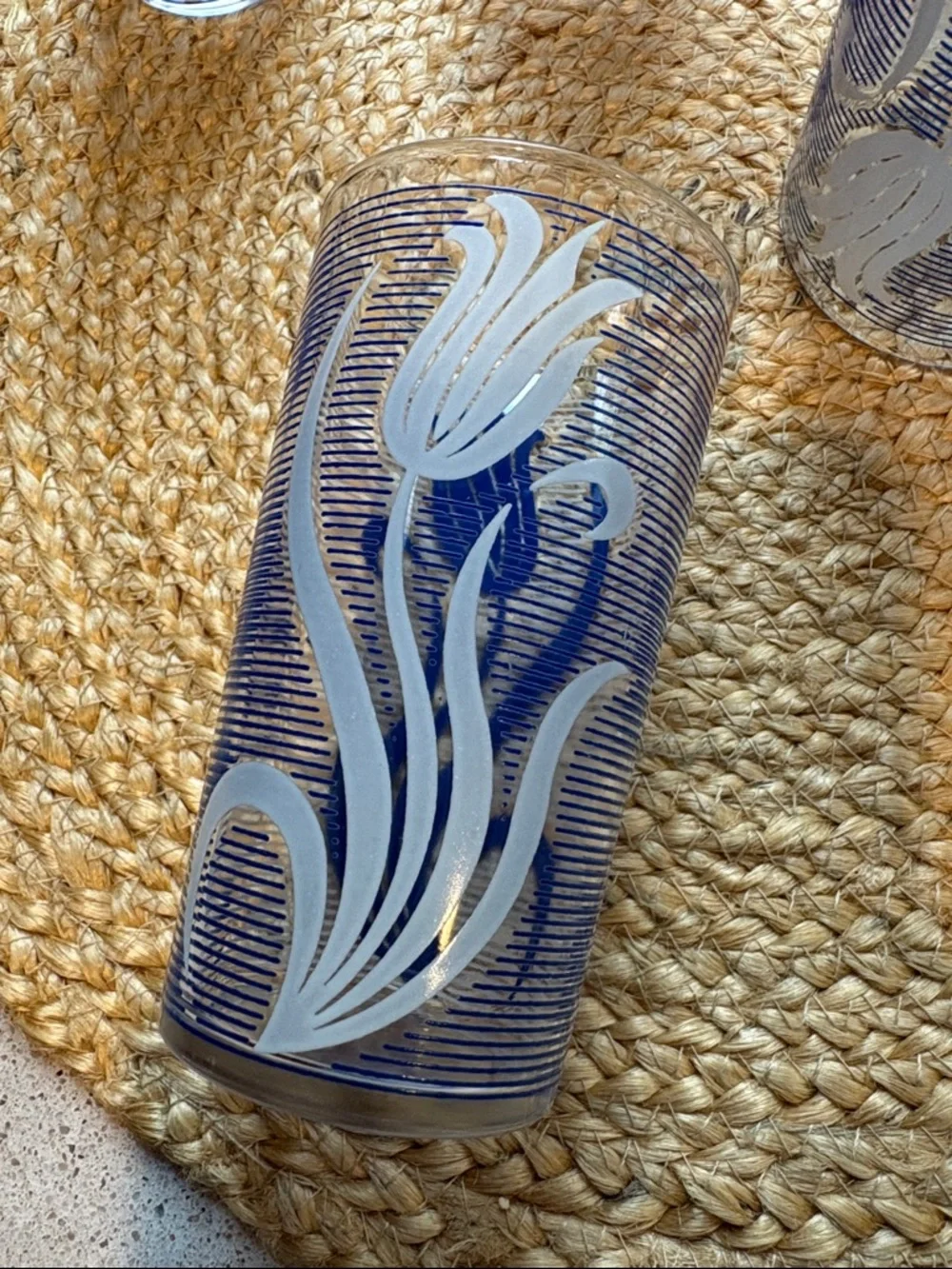 (6) Vintage MCM Blue and White Tulip Glasses - 8 oz.